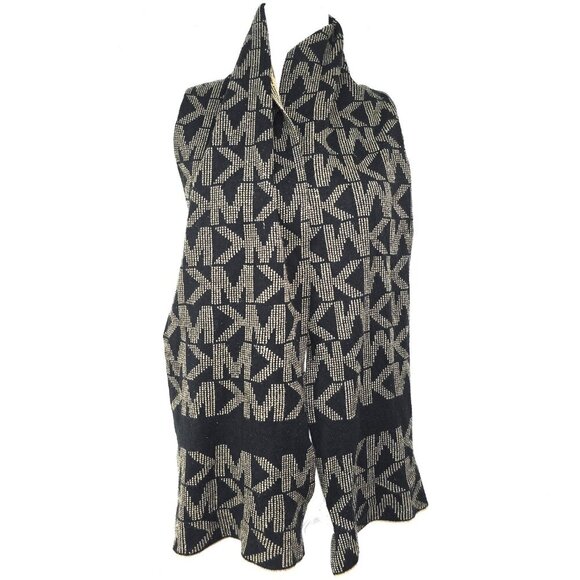 Michael Kors Scarf MK Logo Reversible Black Tan Unisex - Picture 1 of 6